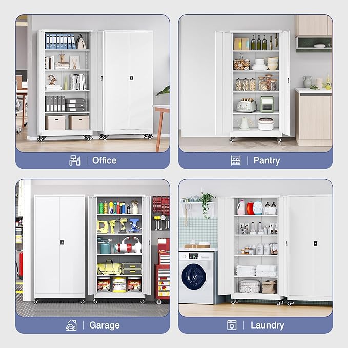 Metal Storage Cabinet with Wheels, Tall Garage Storage Cabinet with 4 Adjustable Shelves and 2 Doors, Lockable Tool Cabinet for Garage Home Office,Gym,School (White)