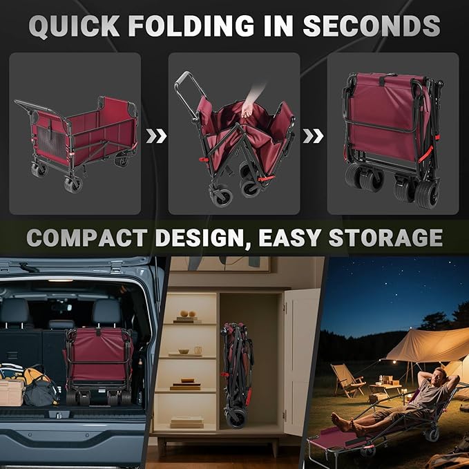 LEVELEVE Heavy Duty Folding Wagon - 2-in-1 Collapsible Cart, 650lb Capacity, All-Terrain Wheels w/Brakes & Side Pockets (Red)
