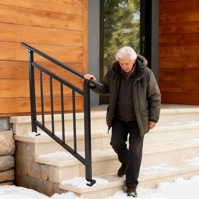 Metty Metal Handrails for Outdoor Steps Suitable for 1 to 5 Steps- Wrought Iron Stair Railing- Step Steady with 5 Feet Handrailing- Safe Indoor Home Banisters (White with Balusters)