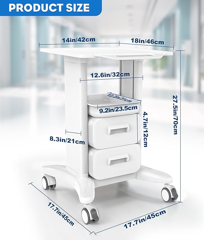 Medical Trolley Cart with Drawers & Wheels - Rolling Hospital Utility Cart for Clinics, Dental Offices, Beauty Salons, 18"x17"x30" Mobile Storage Cart with Locking Casters
