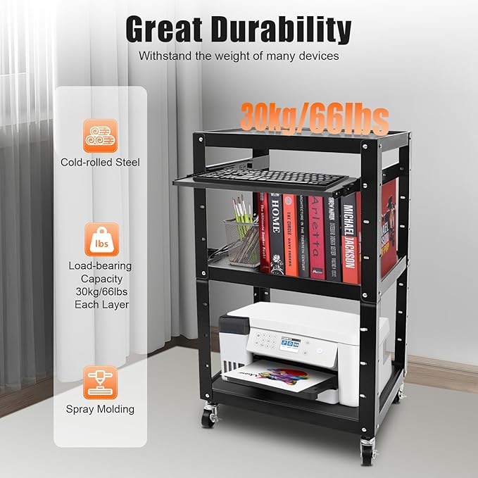 AV Cart on Wheels, Commercial Mobile Utility AV Carts with Wheels, Height Adjustable Top Shelf & Pullout Keyboard Tray, Rolling Presentation and Media Cart for Office, Library
