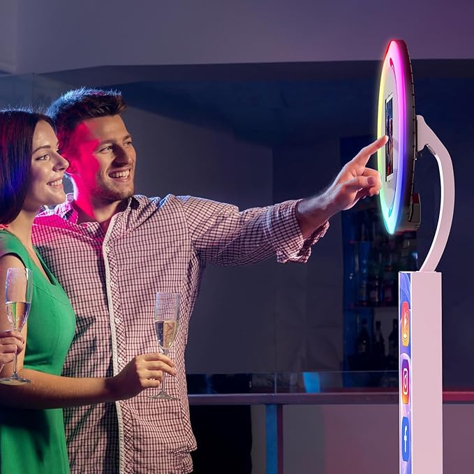 JIYANG Portable Photo Booth Compatible with Any Ipad,Photo Booth Stand Shell with ChackTok PhotoBooth VIP Member and Flight Case,Free Custom Logo,Perfect for Parties,Wedding and Events(White)