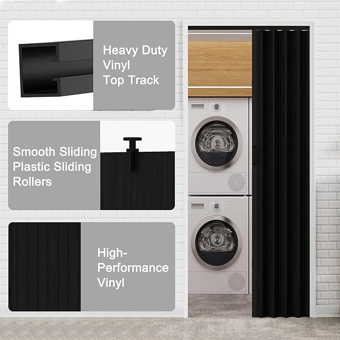36" x 80" Accordion Doors Interior Folding Door, Black PVC Accordion Door for Opening Width: 24"-36", Adjustable Height & Width, Two Strong Magnetic Blocks for Close Tightly, Protect Privacy