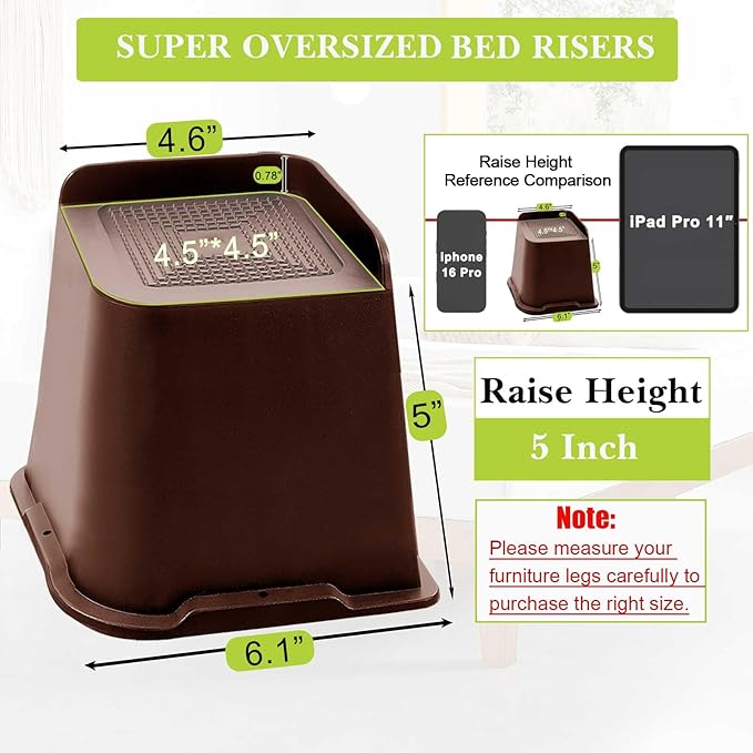 Bed Risers 1 inch, 2 inch, 3 inch, 4 inch, 6 inch, 8 inch Heavy Duty, Oversized Furniture Riser for Couch Sofa Table Chair Leg Frame Dorm, Support up to 6000 Lbs (Chocolat Brown 8 Pack, 5 inch)