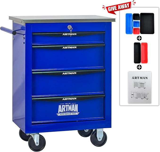 4 Drawer Rolling Tool Chest with Locker, 22.2" D Metal Movable Lockable Tool Cart Box Multi-Functional Hardware Storage Cabinet Box for Warehouse Basement Home Pantry Garage