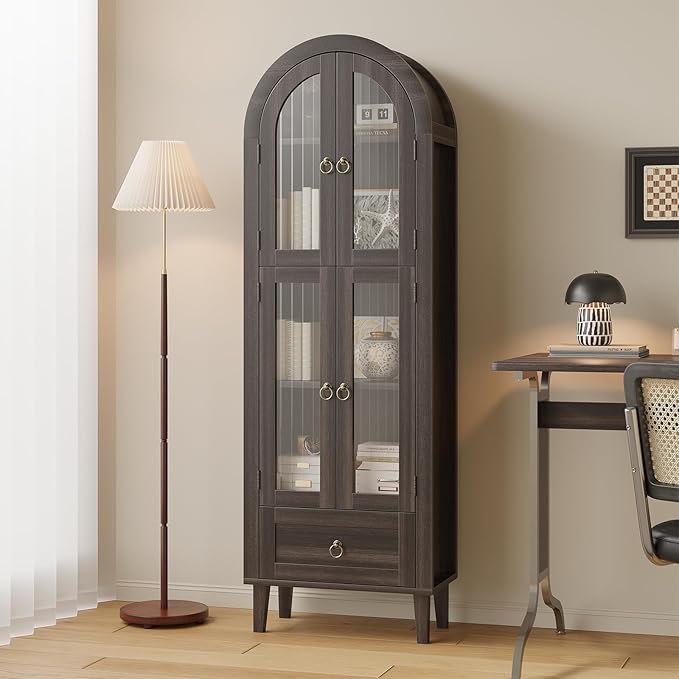 71” Tall Arched Pantry Cabinet with Glass Door, Display Cabinet Organizer with Drawer, Versatile Pantry with Top-Opening Storage Container for Living, Kitchen Dining Room