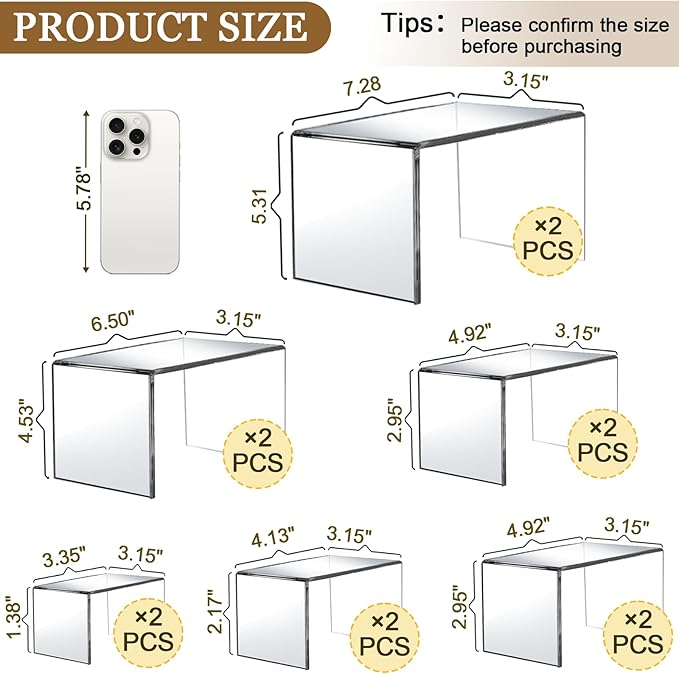 12 Pcs Acrylic Display Risers, 2 Sets Small Size Clear Acrylic Risers, 0.15" Thick Display Stands for Dessert, Cupcake, Candy, Figure & Jewelry Showcase