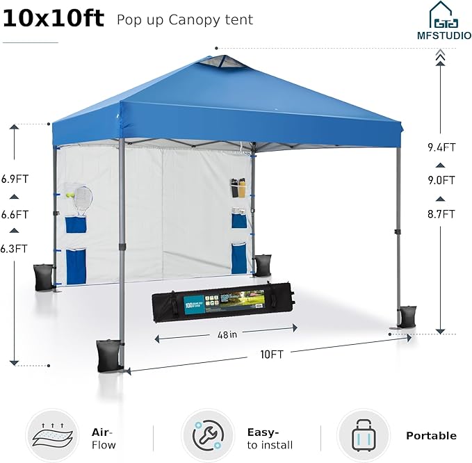 MFSTUDIO 10x10 Outdoor Pop Up Canopy Tent with 1 Removable Sidewall, Easy Set-up Straight Leg Folding Instant Shelter for Beach, 100 Sq. Ft of Shade
