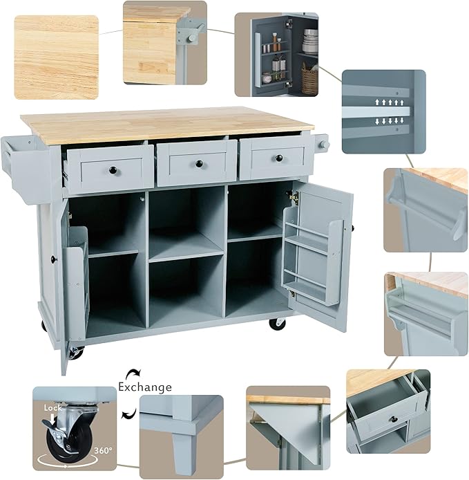 Rolling Kitchen Island with 2 Bar Stools, Drop Leaf, Cabinet Door Storage Racks & 3 Drawers, Mobile Kitchen Cart with Rubberwood Top & Locking Wheels for Dining Room & Kitchen, 53-Inch, Grey Blue