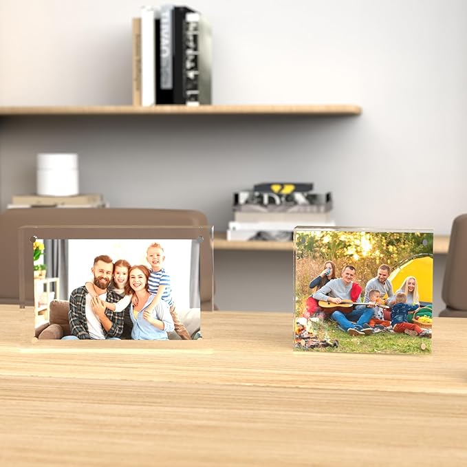 ILYXY 3 Pack Acrylic Frame 4x4, 20% Thicker, 20mm Thick Frameless Clear Picture Frame, Double Sided Magnetic Photo Frame, Free Standing Desktop Display Stand Acrylic Picture Frames