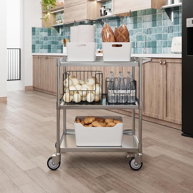 3 Shelf Stainless Steel Tubular Utility Cart | 15 in. Wide x 24 in. Long x 33 in High | Metal Utility Cart on Wheels with Handle | NSF