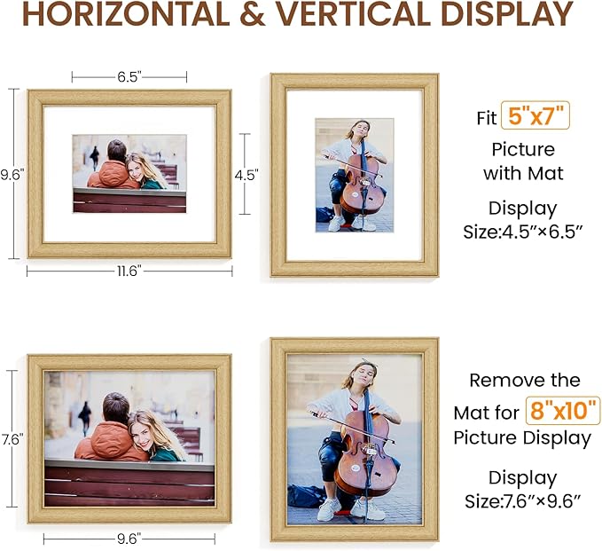 Natural Oak 8x10 Picture Frames Mat to 5x7 Picture Display Set of 3,Original Wood Handcrafted 8x10 Wooden Photo Frame with Tempered Glass Graduation Family Wedding Pictures Tabletop & Wall Decor