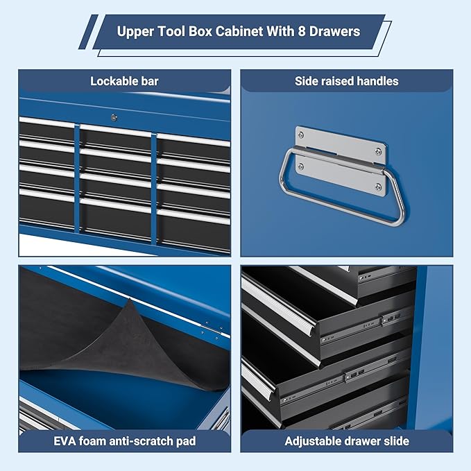 8-Drawer Tool Chest, Rolling Tool Storage Cabinet with Enhanced Packaging, Detachable Top Tool Box with Tray Divider, Liners, Metal Tool Cart for Garage Workshop, Blue