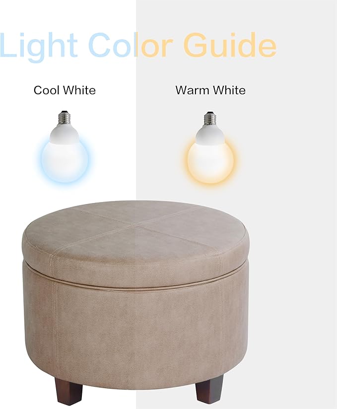 Homepop Home Decor | Upholstered Faux Leather Round Storage Ottoman | Ottoman with Storage for Living Room & Bedroom, Taupe Brown