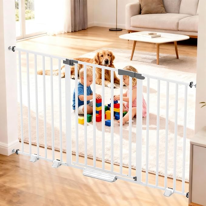 41'' Extra Tall Baby Gate for Large Dogs Pets Indoor No Jumping Over, 46-54.7'' Wide Heavy Duty Puppy Gate for Doorways, Pressure Mounted Metal Gate for Child Toddler No Tools Needed(White)