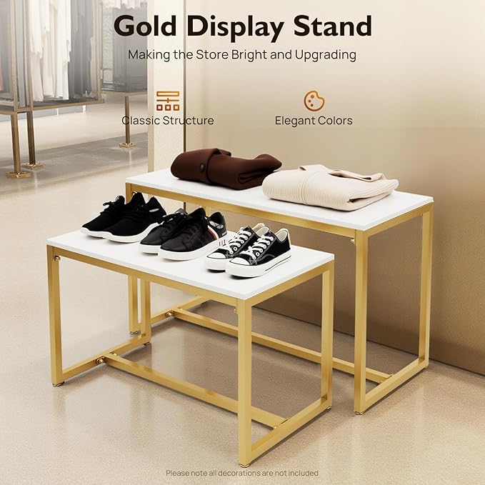 2-Piece Set Metal Shoe Handbag Display Stand, Gold and White Display Stand with 110lbs Load Capacity, Modern Board Storage Rack for Shoes, Handbags, Retail Store, Home Decor
