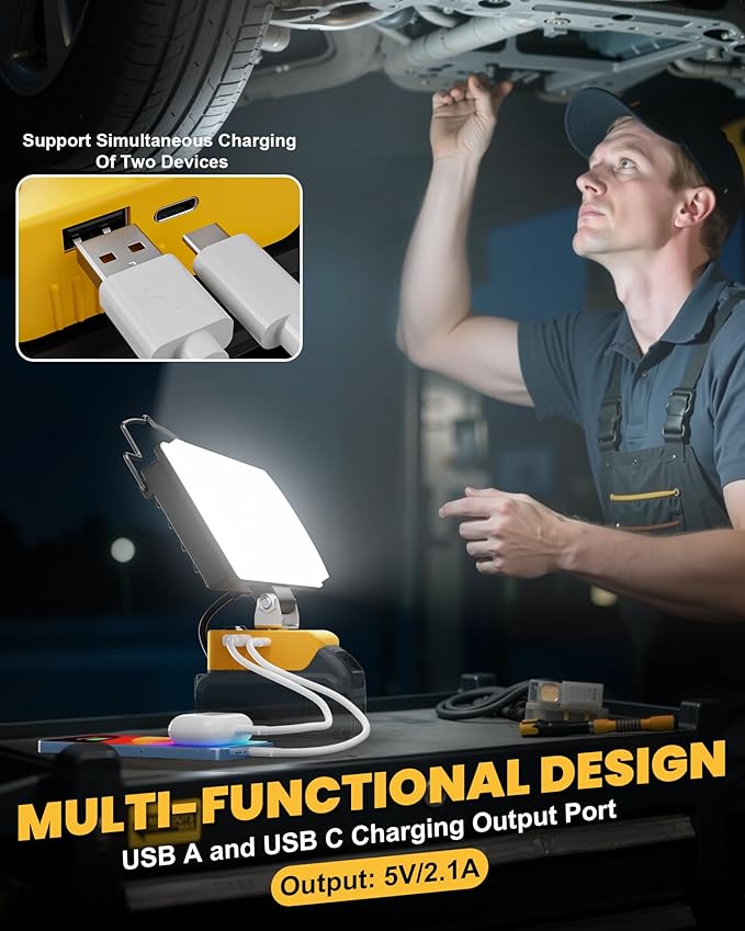 LIVOWALNY 100W LED Work Light Compatible with Dewalt Battery, 2PCS 10000LM Flashlight with USB A & USB C Output Port Low Voltage Protection, Portable Floodlight for Camping, Emergency, Outdoor Lights