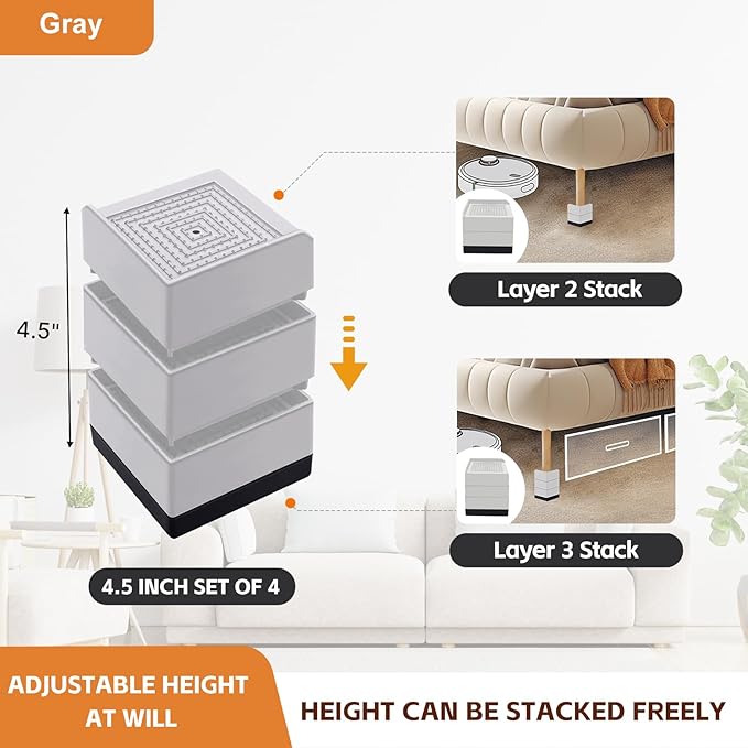 Bed Risers, Furniture Raise Blocks, 2,3 or 4 inch Stilts Heavy Duty for Bed Couch Desk Sofa Table Lifts, Furniture Legs Lifters Support up to 1300 Lbs (Light Grey, 4 Pack Set)