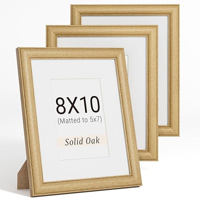 Natural Oak 8x10 Picture Frames Mat to 5x7 Picture Display Set of 3,Original Wood Handcrafted 8x10 Wooden Photo Frame with Tempered Glass Graduation Family Wedding Pictures Tabletop & Wall Decor