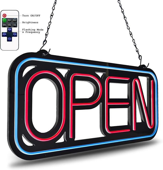 Open Signs for Business,32x16 inch Large Bright Open Sign Neon Led Lighted,Remote Control & Flashing Mode for Window Door Bar Coffee Salon Store,ON/OFF Switch B/Y