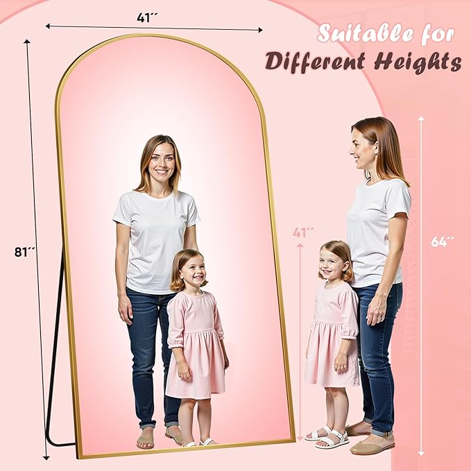 Full Length Mirror, 81" x 41" Arched Full Body Mirror Large Standing Floor Mirrors, Mirrors for Bedroom, Bathroom, Living Room Standing or Wall Leaning, Gold