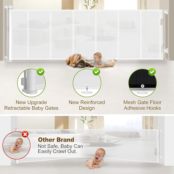 100 inch Retractable Baby Gates 34 inch Tall, Retractable Gate with Reinforced Strip Design to Prevent Crawling Through, 8 FT Extra Wide Retractable Dog Gate for Indoor/Outdoor