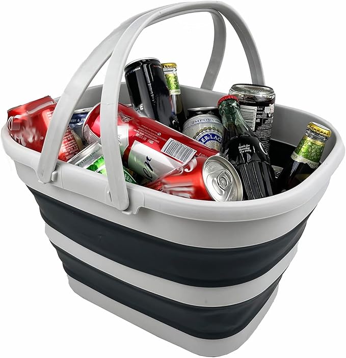 SAMMART 17L (4.5 Gallon) Collapsible Basket with Handle - Portable Outdoor Picnic Basket/Crater - Foldable Shopping Bag - Space Saving Storage Container (Grey/Slate Grey)