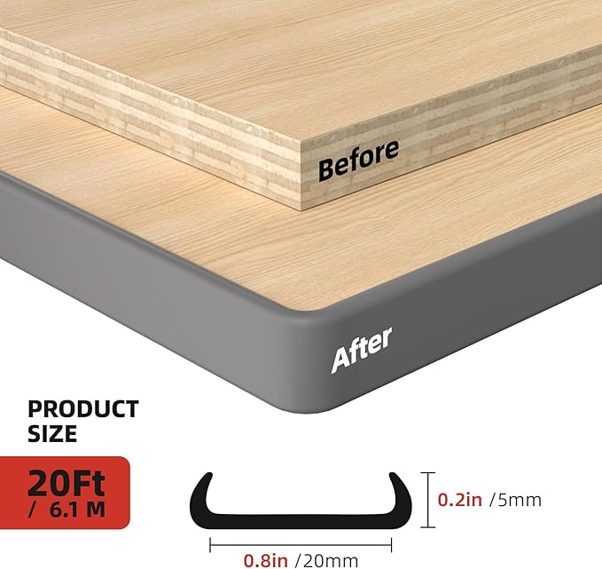U-Shape Edge Banding, 0.8 inch x 20ft Edge TPE Self Adhesive Veneer Edging Trim Flexible Edge Protector, Strip for Countertop Cabinets Table Restoration Shelves, Grey