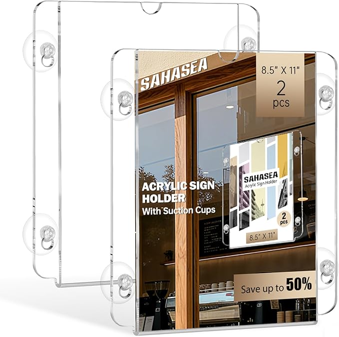 Acrylic Sign Holder 8.5 x 11, 2 Packs Flyer Holder for Business, Clear Sign Holder with Suction Cups for Menu, Notice, Frames Glass Door Window Display Stand for Store, Restaurant, Office