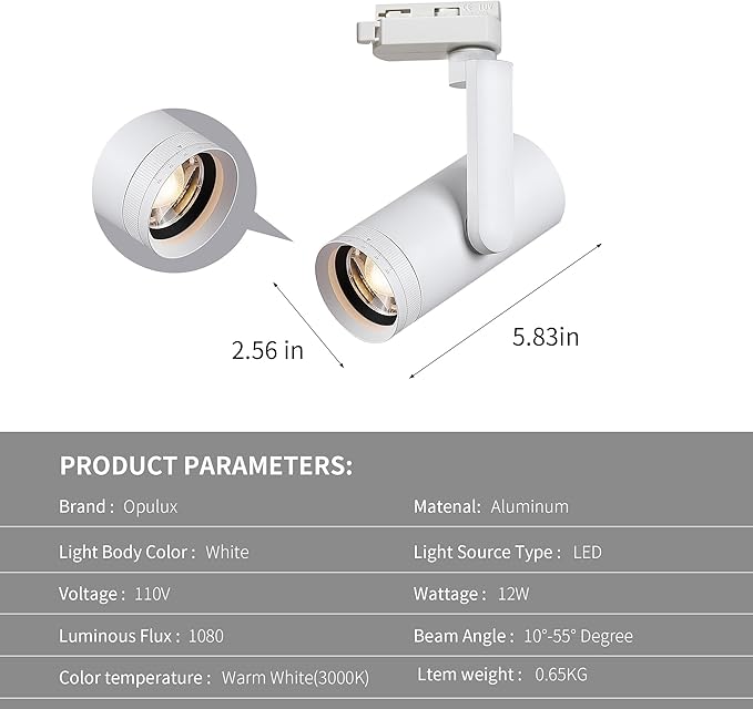 LED 12W Dimmable Track Lighting Heads with 10° to 55° Adjustable Beam Angle H Type 97 CRI 3000K Warm White Ceiling Spotlight for Accent Task Art, 1080lm, White