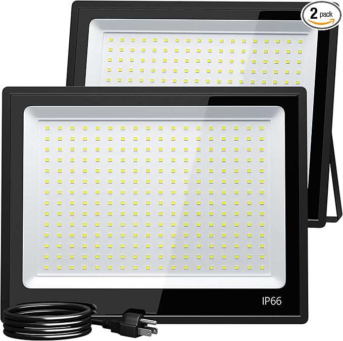 XXBSAZ 2 Pack 200W LED Flood Lights Outdoor, 25,000LM Plug-in Hardwire Work Light IP66 Waterproof - 6500K Daylight Bright for Yard, Garage, Stadium