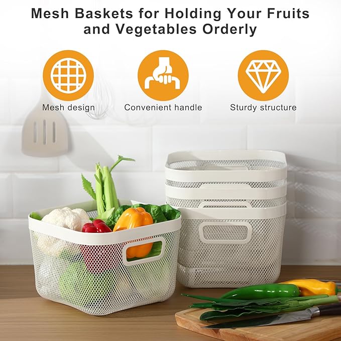 4 Pack Metal Mesh Basket with Hollow Handles White Wire Storage Bin for Organizing Stackable Metal Fine Mesh Basket for Pantry Bathroom Kitchen Cabinets Shelves (Medium)