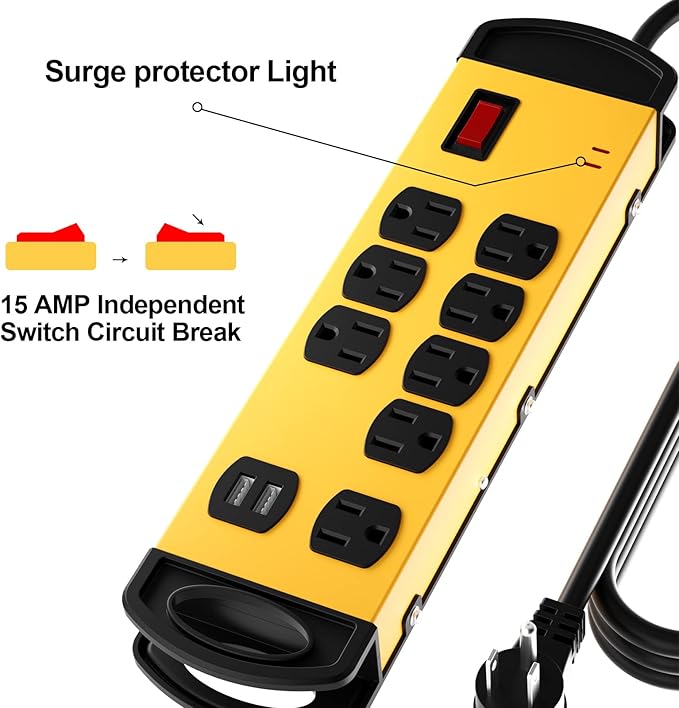 Oviitech 8 Outlets Mountable Heavy Duty Surge Protector Metal Power Strip with 2 USB Charging Ports(2.4A),1800 Joules with 6 Foot Long Extension Cord, Yellow&Black,ETL Listed