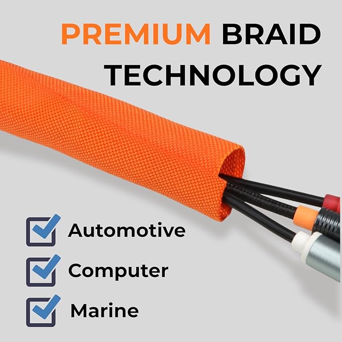3/8 inch Split Braided Cable Management Sleeve for USB Cable Power Cord Audio Video Cable, Wire Loom Cord Protector from Cat Dog Chewing (Orange, 25FT)