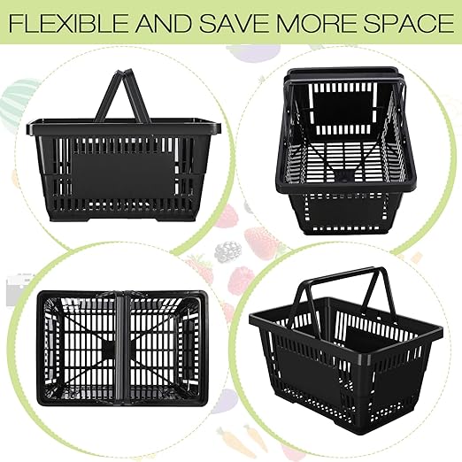 20 Pcs Bulk Shopping Baskets with Handles, 20 L Plastic Grocery Basket 16.9'' x 11.8'' x 9.1'' Portable Shopping Cart for Retail Stores Supermarket(Black)