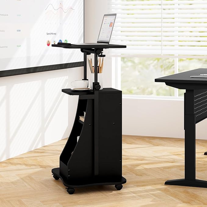 Tangkula Mobile Lectern Podium, Height Adjustable Podium Stand, Standing Sit-to-Stand Desk, Rolling Cart Laptop Desk with Swivel Top Movable Wheels & Storage