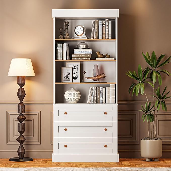 Vyre 71" Tall Farmhouse Bookshelves with Glass Doors and Drawers, Set of 2 – Large Modular Bookcase with Adjustable Shelves, Storage Cabinet for Living Room, Kitchen, White