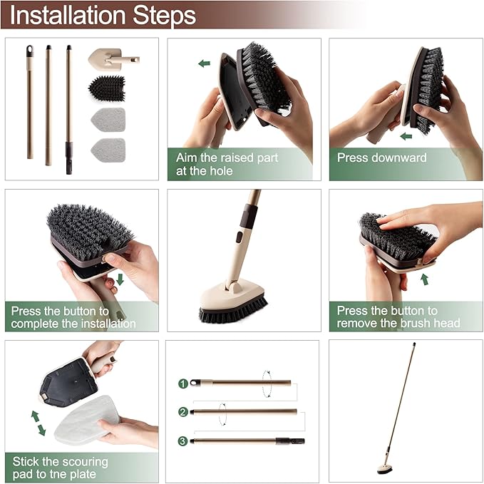 Eyliden 2-in-1 Floor & Tub Scrubber Brush - 1 Stiff Bristles Brushes & 2 Non-Scratch Pads, 180°Swivel Head, Adjustable Handle - Deep Cleaning Tub, Bathroom, Tile, Shower, Sink