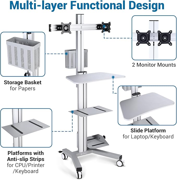 Yescom Mobile Computer Cart Rolling PC Stand Desk Workstation Dual Monitor Mount with Wheels Adjustable Keyboard Tray CPU Printer Holder for Hospital Clinic School Office Silver