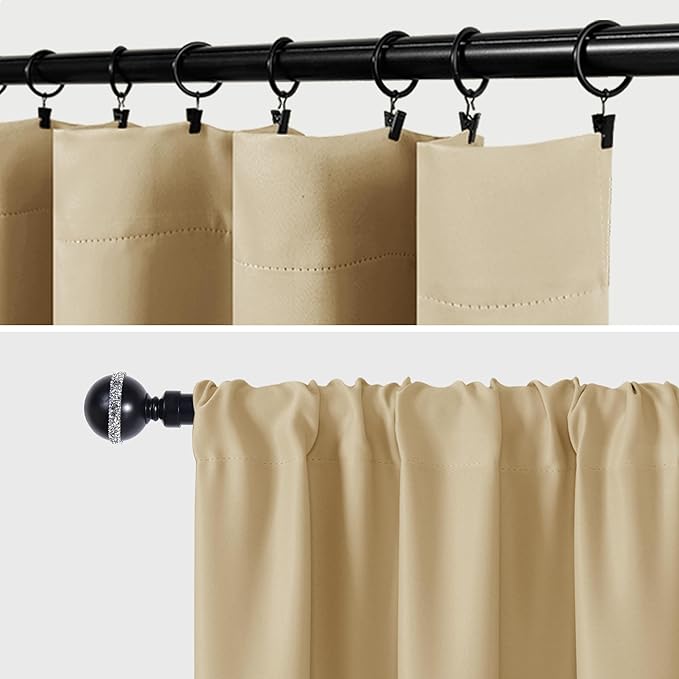 JIUZHEN Blackout Curtains for Bedroom– Thermal Insulated,Noise Reducing Room Darkening Privacy Drapes for Living Room, Set of 2 Panels with Tiebacks, 38 x 72 inch Long, Light Beige