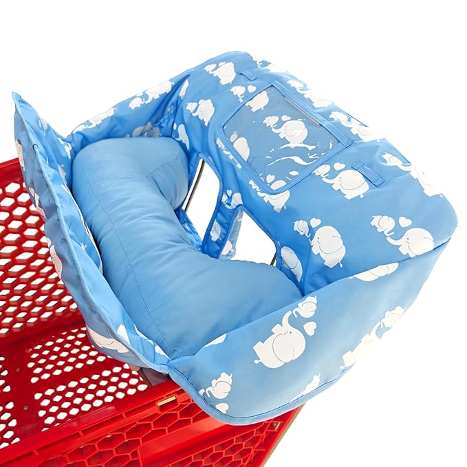 Love&go Soft Pillow Attached 2-in-1 Shopping Cart and High Chair Cover for Baby, Cotton Padded Cart Cover, Fold'n Roll Style, Portable with Carry Bag (Blue Elephant)