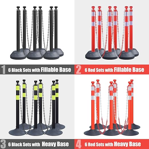 6-Set Pack 40" inch Black Work Zone Chain Post Set, Traffic Queue Delineator Post Cones, 6 x 6.6' Feet Plastic Chains, Portable Crowd Control Stanchions Set (Black-Water Filled Base)