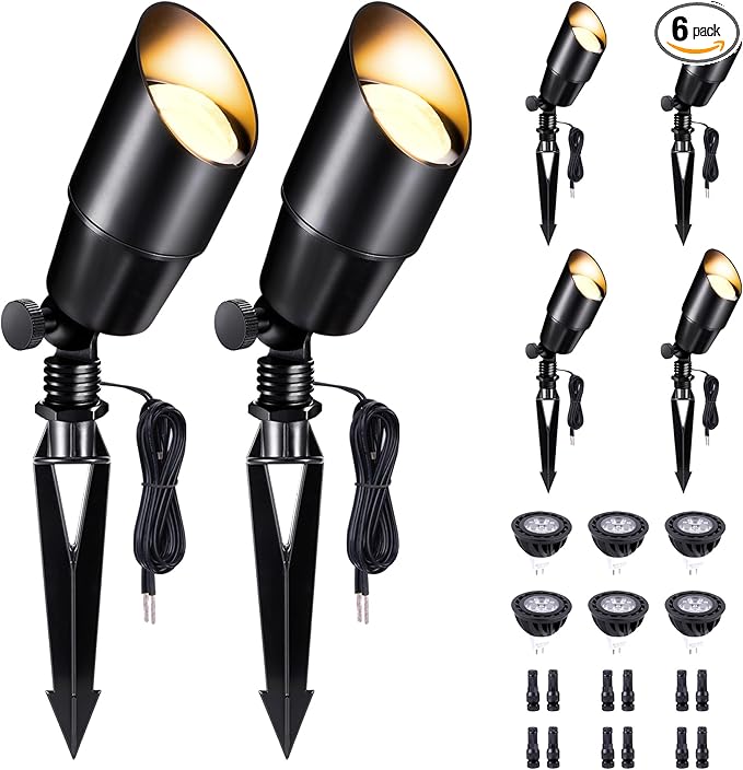 12V Outdoor Spotlight, Black Low Voltage LED Landscape Light, Waterproof Aluminum Wired Light for Patio Yard House Lighting with 5W MR16 Bulb 5000K 6 Pack