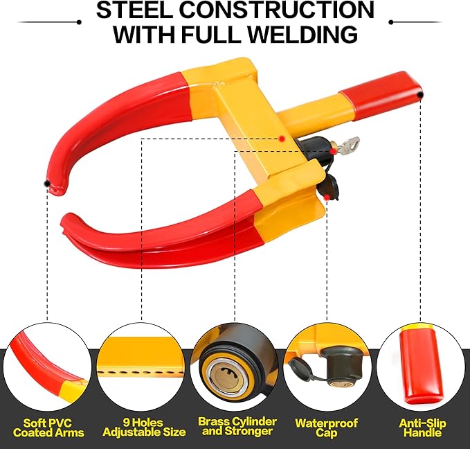 KAYCENTOP Universal Wheel Lock, Security Trailer Wheel Lock, Tire Lock Anti Theft for Trailers Golf Cart SUV Boat ATV Motorcycle Camper, 3 Keys (Yellow-Red)