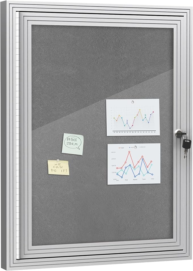 Mifuro 26"x20" Enclosed Bulletin Board, Outdoor Lockable Weather-Resistant Aluminum Cork Noticeboard for School & Office, Silver Frame w/Grey Flet