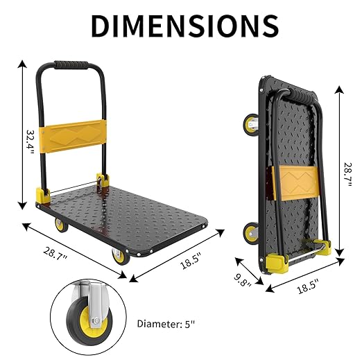 Foldable Push Cart Dolly, 330lbs Flat Bed Carts with Wheels & Anti-Collision Strips, Heavy Duty Platform Truck for Household Tasks, Moving, 360° TPR Mute Wheels, Easy Maneuver, Black Yellow