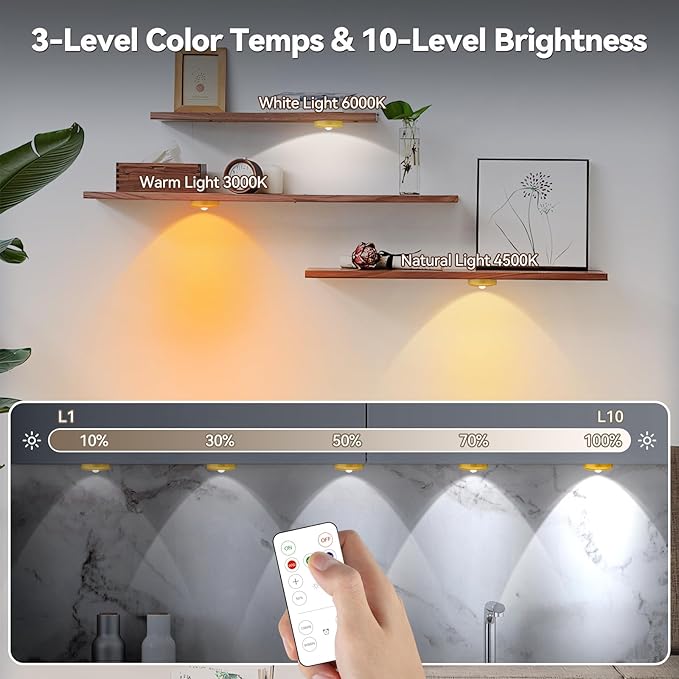 Yiliaw Rechargeable Puck Lights with Remote, 6 Pack Magnetic Under Cabinet Lighting, 1500mAh Battery Operated LED Tap Lights with Dimmer & Timmer for Kitchen, Closet, Shelf - 3 Color Temps, Gold