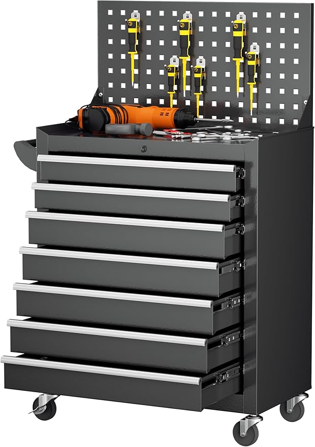 INTERGREAT 7 Drawers Rolling Tool Chest with Pegboard, Metal Tool Chest with Drawers, Tool Storage Cabinet with Wheels for Garage, Workshop, Repair Shop, Black