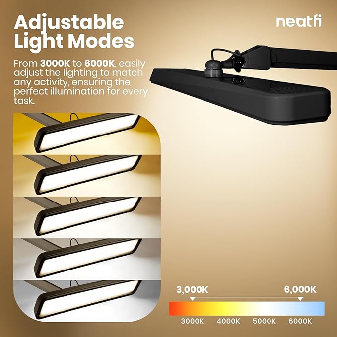 Neatfi (New Model) XL 2,500 Lumens LED Task Lamp with Clamp, 5 Light Modes, 3000-6000K Correlated Color Temperature, 30W, Dimmable, 324 Pcs SMD LED, Desk Light for Home, Office (CCT, Black)