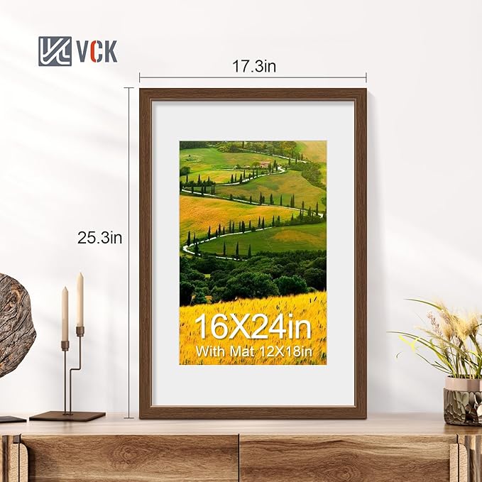 VCK 16x24 Poster Frame 2 Pack - Brown, High-End Wood Picture Frames with Polished Plexiglass, Display 12x18 Photo with Mat or 16x24 without Mat, Art Gallery-Quality, Wall Hanging, Brown